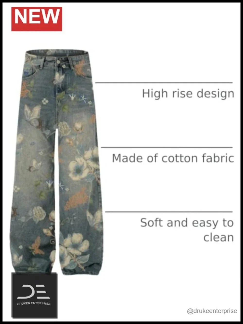 Baggy Wide Leg Floral Print Jeans Y2K Streetwear Denim Pants